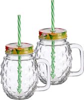 Set van 4x stuks glazen Mason Jar drinkbekers/drinkpotjes tropical met dop en rietje 480 ml - anti-lek drinkglazen
