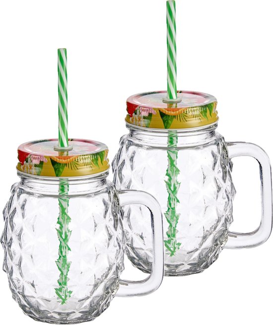 Set de 4 verres Mason Jar en verre/bocaux tropicaux avec bouchon et paille  480 ml -... | bol.com