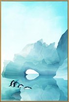 JUNIQE - Poster met kunststof lijst Penguins by Day -20x30 /Blauw &