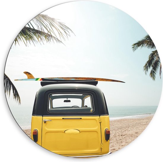 Dibond Wandcirkel - Hippiebus met Surfplank op Strand - 80x80cm Foto op Aluminium Wandcirkel (met ophangsysteem)