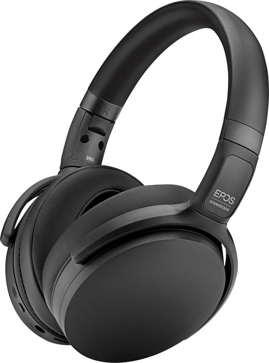 Zwarte over-ear headset met hoofdbeugel, merk EPOS Sennheiser, zwevend.