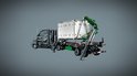 Grijze LEGO Technic Mack Anthem truck met witte container en groene kraan, op grijze achtergrond.