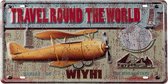Clayre & Eef Tekstbord 22*1*42 cm Meerkleurig Ijzer Vliegtuig Travelround The World Wandbord Quote Bord Spreuk