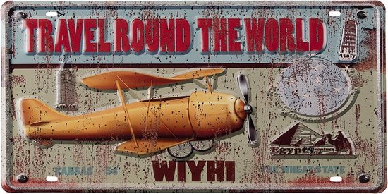 Clayre & Eef Tekstbord 42x1x22 cm Geel Rood Ijzer Vliegtuig Travelround The World Wandbord