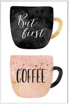 JUNIQE - Poster met kunststof lijst But First, Coffee -13x18 /Roze &