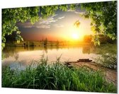 Wandpaneel Zonsopkomst bij het meer  | 100 x 70  CM | Zilver frame | Wandgeschroefd (19 mm)