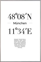 JUNIQE - Poster met kunststof lijst Coördinaten München -13x18 /Wit &