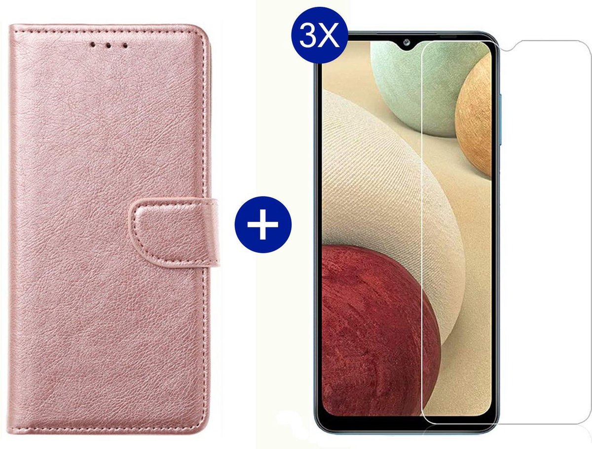 BixB Samsung A12 hoesje - Met 3x screenprotector / tempered glass - Book Case Wallet - Roségoud