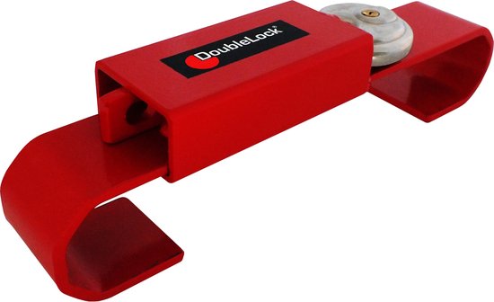 Rode DoubleLock containerbeveiliging met zilveren hangslot, op witte achtergrond.