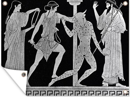 Muurdecoratie buiten Een illustratie van Theseus die de Minotaurus verslaat - 160x120 cm - Tuindoek - Buitenposter