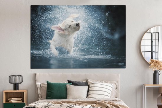 Canvas schilderij 150x100 cm - Wanddecoratie Labrador schudt water van zich af - Muurdecoratie woonkamer - Slaapkamer decoratie - Kamer accessoires - Schilderijen