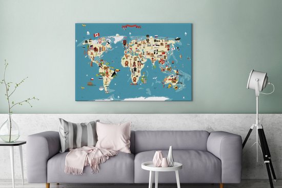 Canvas Wereldkaart - 140x90 - Wanddecoratie Wereldkaart Kinderen - Aarde - Symbolen