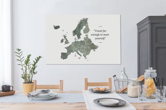 Carte de l'Europe à l'aquarelle grise avec la citation Voyagez assez loin pour vous retrouver 120x80 cm - Tirage photo sur toile (Décoration murale salon / chambre)