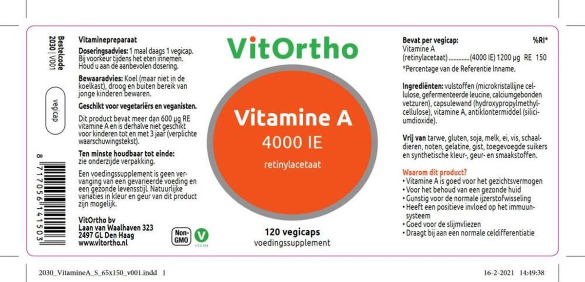 VitOrtho Vitamine A 4000 IE (120 vegicaps)