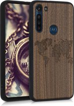 kwmobile telefoonhoesje compatibel met Motorola Moto G8 Power - Hoesje met bumper in donkerbruin - walnoothout - Wereldkaart design