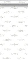 ESTAhome behang pentekening vissen wit en zilver - 138966 - 0.53 x 10.05 m