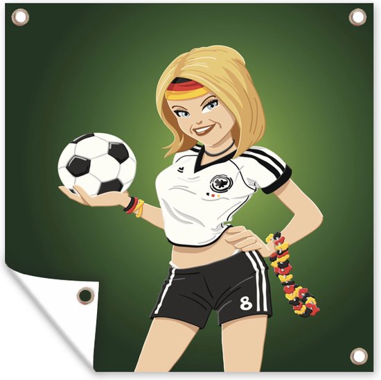 Tuinschilderij Een illustratie van een meisje met Duitse kleding en een voetbal - Meiden - Meisjes - Kinderen - 60x80 cm - Tuinposter - Tuindoek - Buitenposter