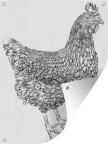 Muurdecoratie buiten Een zwart-wit illustratie van een kip - 120x160 cm - Tuindoek - Buitenposter