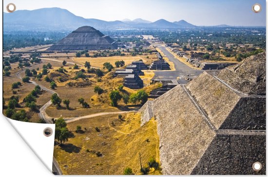 Tuinposter 180x120 cm - Tuindecoratie Maan en de zonpiramides bij Teotihuacán in Centraal Mexico - Poster voor in de tuin - Buiten decoratie - Schutting tuinschilderij - Tuindoek muurdecoratie - Wanddecoratie balkondoek