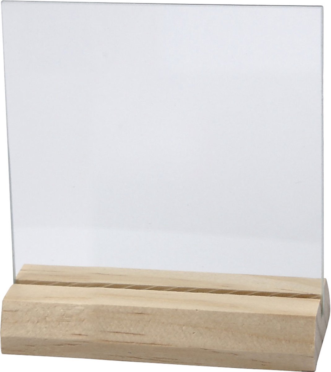 Glazen plaat met houten voet, afm 7,5x7,5 cm, dikte 28 mm, 10 set/ 1 doos