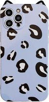 Cat Ear Leopard Print TPU Straight Edge-beschermhoes met lanyard voor iPhone 11 Pro Max (blauw paars)