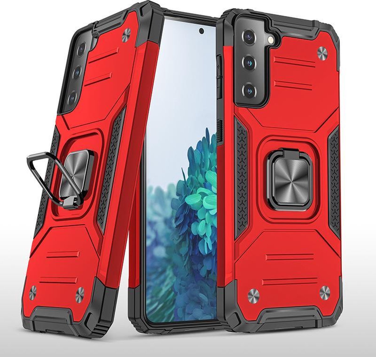 Hoesje Geschikt Voor Samsung Galaxy S21 Hoesje - Heavy Duty Armor hoesje Rood - Galaxy S21 silicone TPU hybride hoesje Kickstand ringhouder met Magnetisch Auto Mount