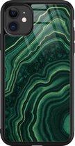 iPhone 11 hoesje glas - Groen agate - Hard Case - Zwart - Backcover - Marmer - Groen