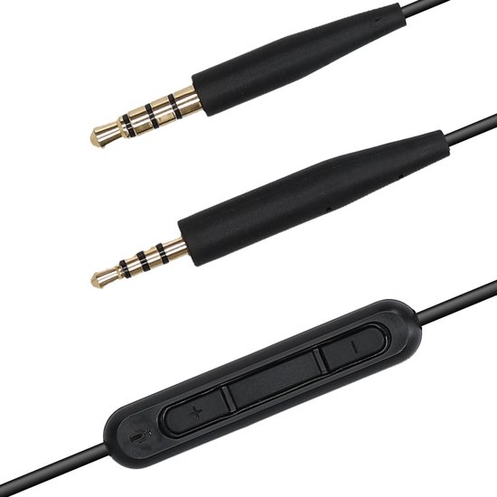 Zwarte 3,5mm jackpluggen en een inline microfoon met volumeknoppen.