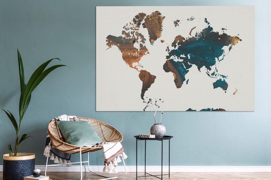 Wereldkaart en peinture bleu foncé et orange sur fond rose 180x120 cm