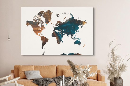 Wereldkaart en peinture bleu foncé et orange sur fond rose 180x120 cm