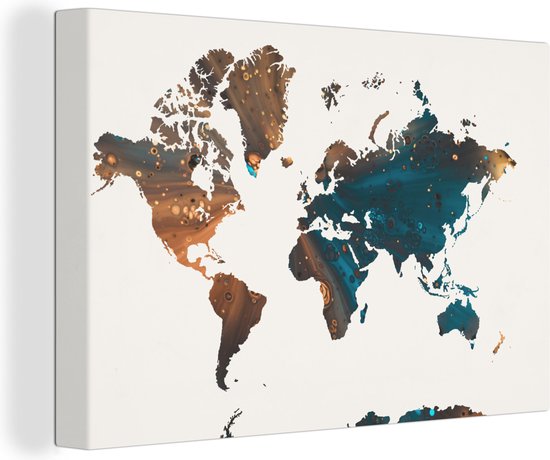 Wereldkaart en peinture bleu foncé et orange sur fond rose 60x40 cm