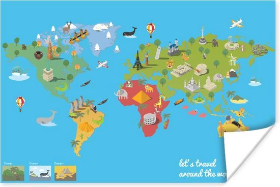Wereldkaart Kinderen - Modern - Symbolen - Schoolplaat - Kinderkamer