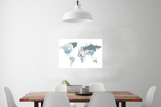 Wereldkaart avec des pays de différentes couleurs pastel sur fond blanc 90x60 cm
