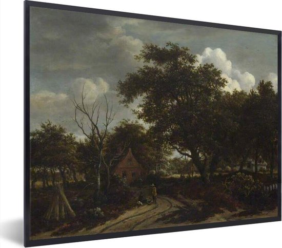 Fotolijst incl. Poster - Cottages in a wood - schilderij van Meindert Hobbema - 80x60 cm - Posterlijst