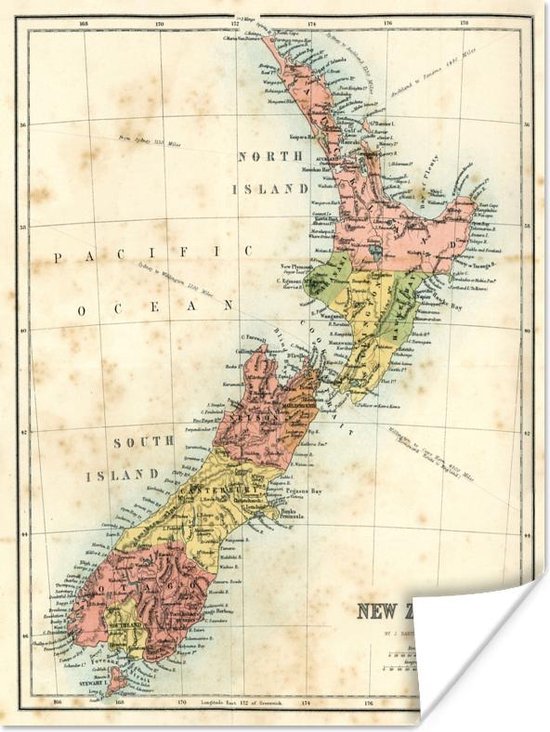 Poster Een illustratie van een historische kaart van Nieuw-Zeeland - 90x120 cm