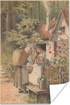 Poster Illustratie van een vrouw bij een huisje in het bos - 60x90 cm