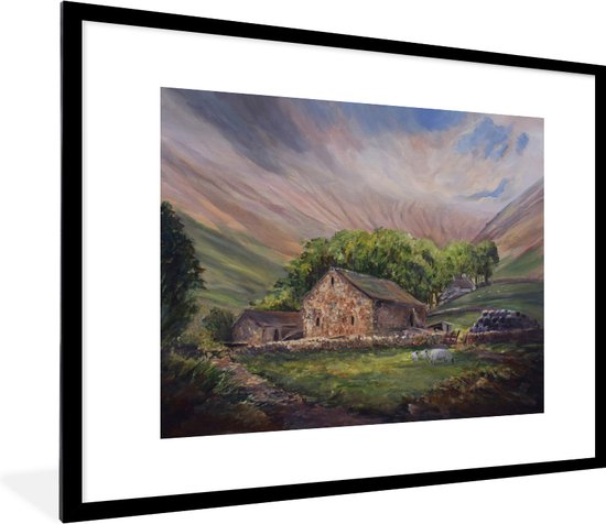Image encadrée - Une peinture à l'huile d'une ferme en Angleterre cadre photo noir avec passe-partout blanc 80x60 cm - Affiche encadrée (Décoration murale salon / chambre)