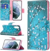 Voor Samsung Galaxy S21 FE Gekleurde Tekening Patroon Horizontale Flip Leren Case met Houder & Kaartsleuven & Portemonnee (Pruimenbloesem)