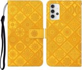 Voor Samsung Galaxy A32 4G etnische stijl reliëf patroon horizontale flip lederen tas met houder & kaartsleuven & portemonnee & lanyard (geel)
