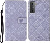 Voor Samsung Galaxy S21 FE etnische stijl reliëf patroon horizontale flip lederen tas met houder & kaartsleuven & portemonnee & lanyard (paars)