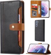 Voor Samsung Galaxy S21 FE Kalf Textuur Dubbele Vouwsluiting Horizontale Flip Leren Case met Fotolijst & Houder & Kaartsleuven & Portemonnee (Zwart)