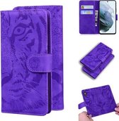 Voor Samsung Galaxy S21 FE Tiger Embossing Pattern Horizontale Flip lederen tas met houder & kaartsleuven & portemonnee (paars)