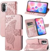 Voor Xiaomi Redmi Note 10 Pro Butterfly Love Flowers Reliëf Horizontale Flip Leren Case met Houder & Kaartsleuven & Portemonnee & Lanyard (Rose Goud)