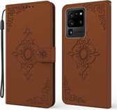 Voor Samsung Galaxy S21 Ultra 5G Reliëf Fortuin Bloem Patroon Horizontale Flip Leren Case met Houder & Kaartsleuf & Portemonnee & Lanyard (Bruin)