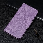 Voor Xiaomi Redmi 8 Kant Bloem Embossing Patroon Horizontaal Flip Leren Hoesje met Houder & Kaartsleuven & Portemonnee & Fotolijst & Lanyard (Paars)