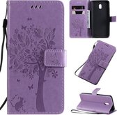Voor Xiaomi Redmi 8A Tree & Cat Pattern Pressed Printing Horizontale Flip PU lederen tas met houder & kaartsleuven & portemonnee & lanyard (lichtpaars)