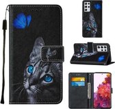 Voor Samsung Galaxy S21 Ultra 5G Cross Texture Painting Pattern Horizontale Flip Leather Case met Houder & Kaartsleuven & Portemonnee & Lanyard (Blue Butterfly Cat Eyes)