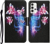 Voor Samsung Galaxy A32 5G Gekleurd tekeningpatroon Horizontaal Flip PU-lederen hoes met houder & kaartsleuven & portemonnee & lanyard (drie fluorescerende vlinders)