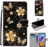 Voor Samsung Galaxy A21s Gekleurde Tekening Cross Textuur Horizontale Flip PU Lederen Case met Houder & Kaartsleuven & Portemonnee & Lanyard (Goud Diamant Vlinder)