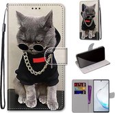 Voor Samsung Galaxy Note10 + Gekleurde tekening Cross Texture Horizontale Flip PU lederen tas met houder & kaartsleuven & portemonnee & lanyard (Golden Chain Grey Cat)
